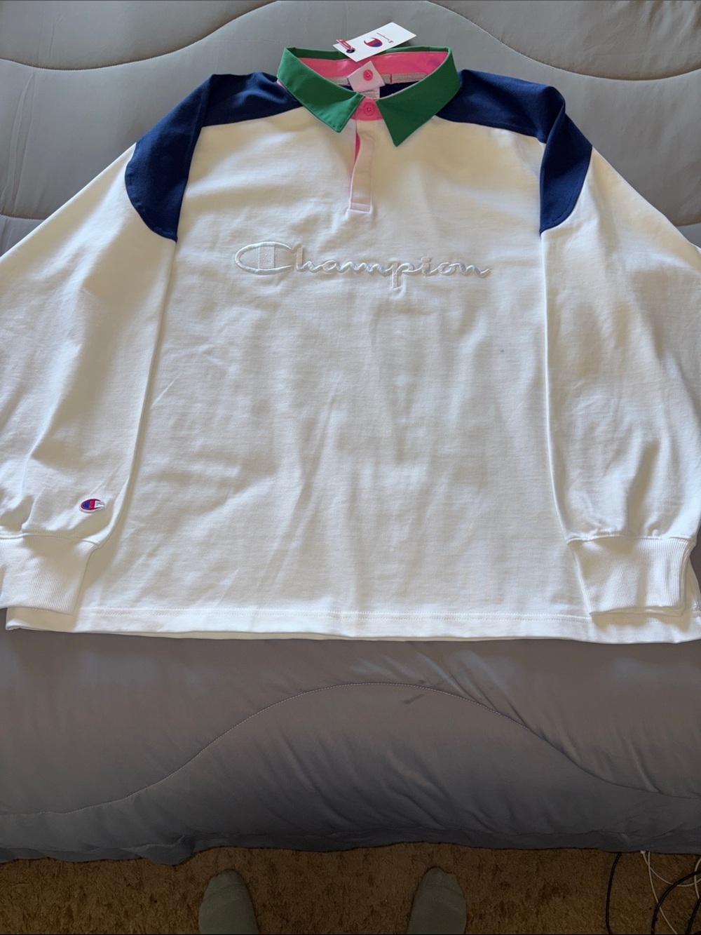 Champion Men’s White Long-Sleeve Rugby Shirt Navy, Green BNWT L